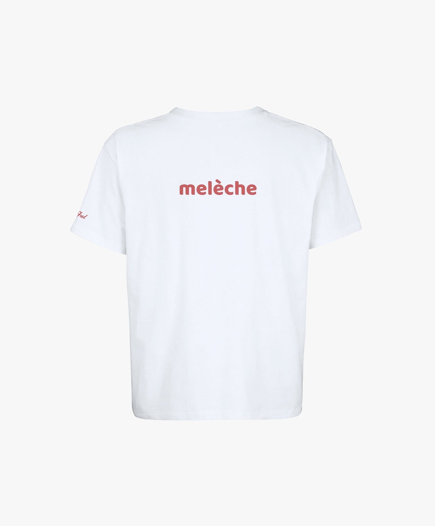 Vue de dos du t-shirt oversize blanc « Melon Melèche » avec texte imprimé « melèche » centré dans le dos.