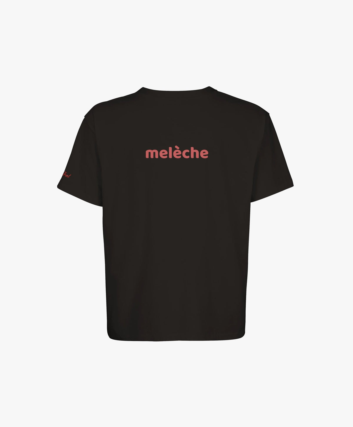 Vue de dos du t-shirt oversize noir « Melon Melèche » avec texte imprimé « melèche » centré dans le dos.
