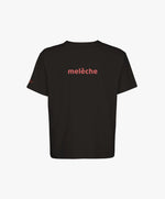 Vue de dos du t-shirt oversize noir « Melon Melèche » avec texte imprimé « melèche » centré dans le dos.