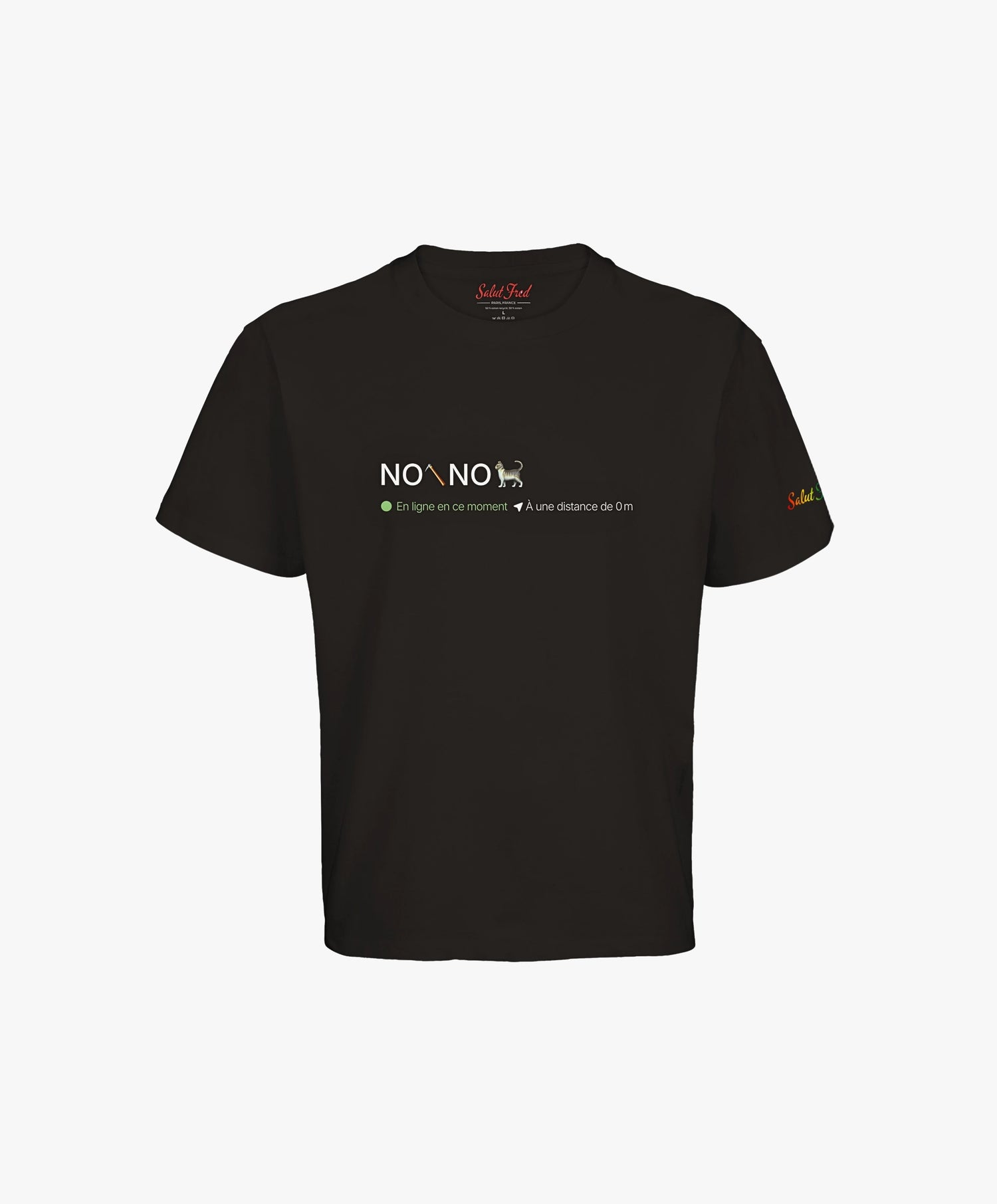 Vue de face du t-shirt oversize noir Salut Fred avec motif « No pic No Chat(te) », où « pic » et « Chat(te) » sont représentés par des emojis, de la collection NPNC et Pride