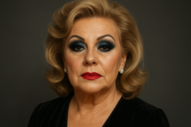 Portrait rapproché d’une femme âgée au maquillage dramatique avec fard à paupières bleu foncé, rouge à lèvres rouge vif et coiffure blonde volumineuse sur fond sombre.